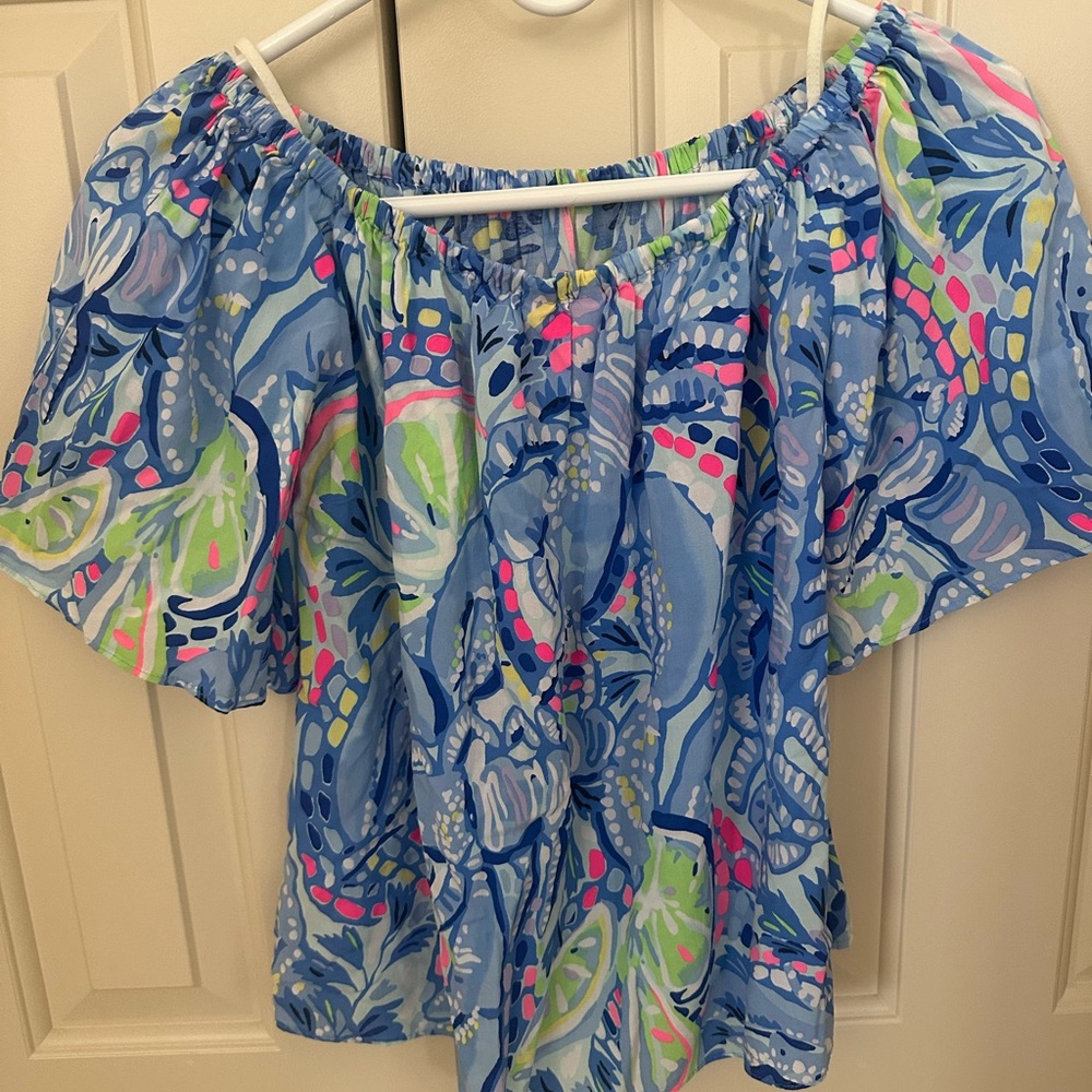 Lilly Pulitzer Blue and Pink Off-Shoulder Blouse